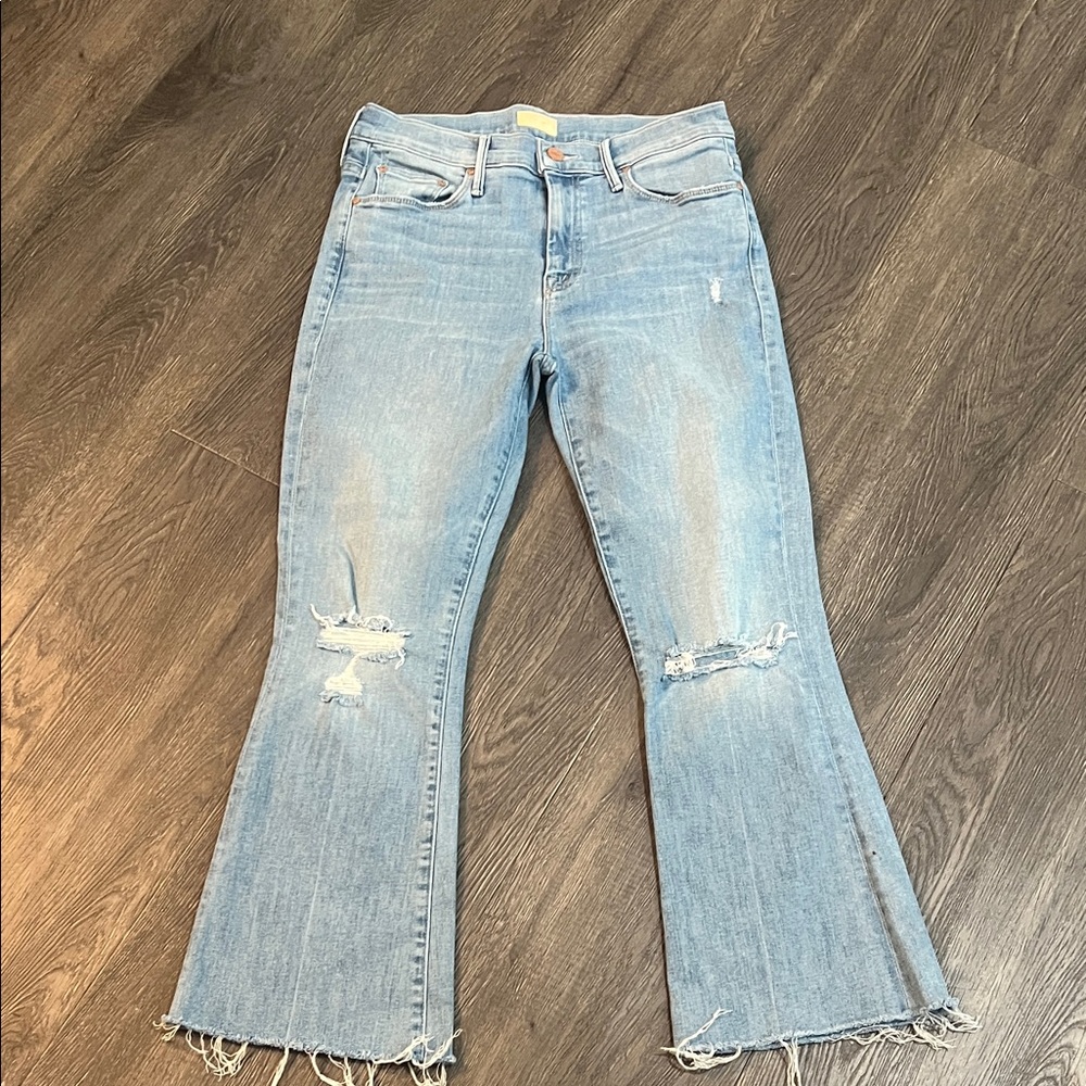 MOTHER Light Blue Distressed Flare Jeans